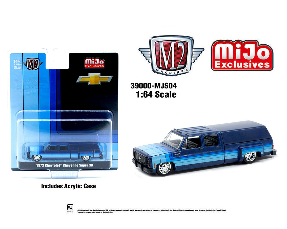 M2 Machines 1:64 1973 Chevrolet Cheyenne Super 30 Dually with Camper Shell – Blue – MiJo Exclusives Limited Edition