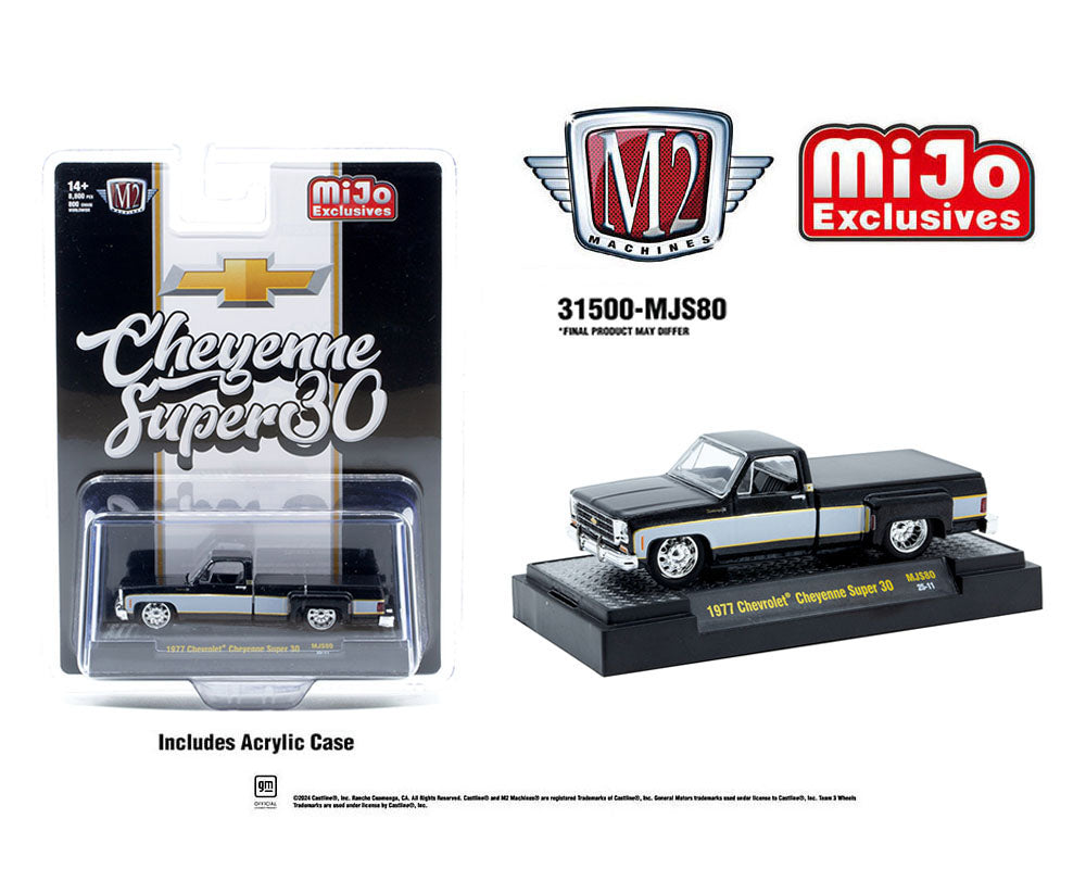 M2 Machines 1:64 1977 Chevrolet Cheyenne Super 30 Pickup Truck – Black and White Two Tone – MiJo Exclusives Limited Edition