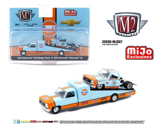 M2 Machines 1:64 Mijo Exclusives Auto-Haulers 1973 Chevrolet C30 Wedge Truck & 1978 Chevrolet Silverado 10 Bedless Gulf Livery – Blue – Limited Edition
