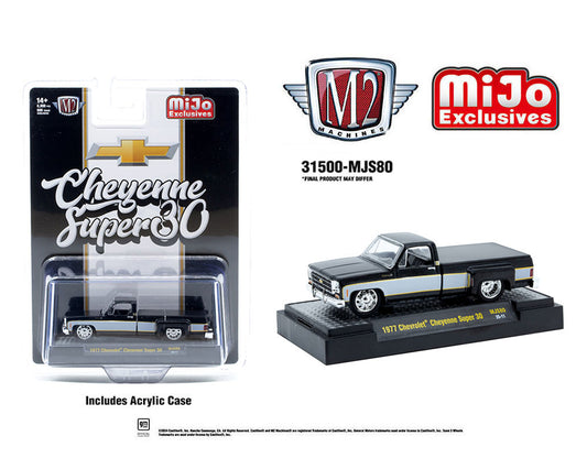 M2 Machines 1:64 1977 Chevrolet Cheyenne Super 30 Pickup Truck – Black and White Two Tone – MiJo Exclusives Limited Edition