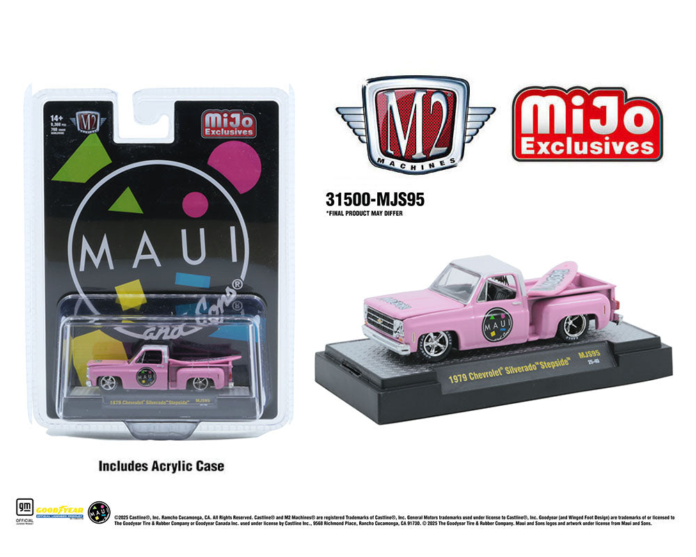 M2 Machines 1:64 1979 Chevrolet Silverado Stepside with Surfboard Maui & Son – Pink – MiJo Exclusives Limited Edition
