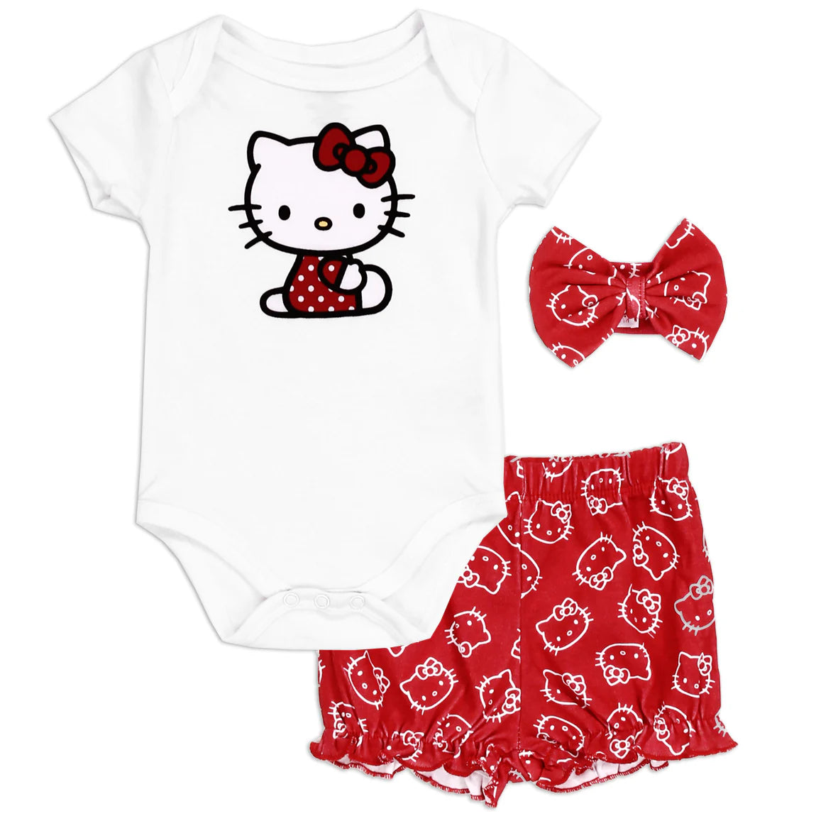 Hello Kitty 3 PC Onesie and Short Set - White and Red