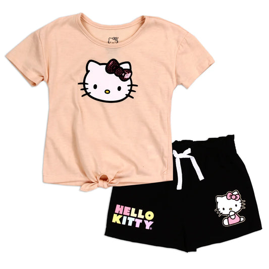 Hello Kitty 2PC Shirt and Short Set - Peach and Black