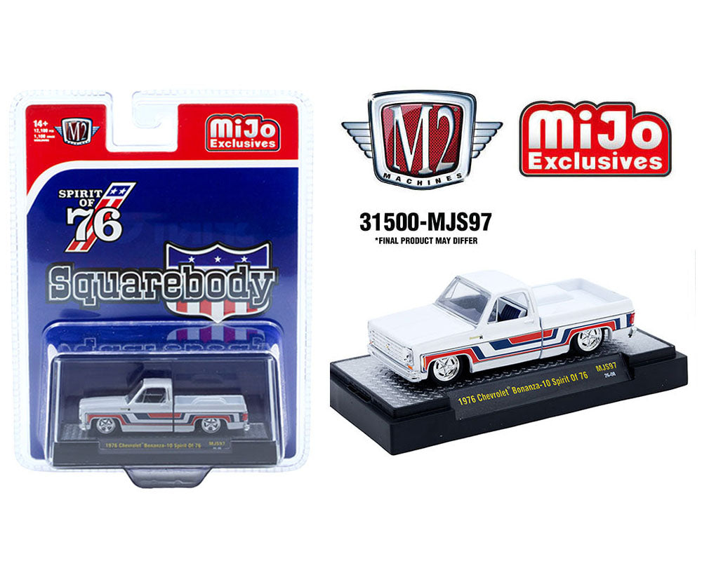 M2 Machines 1:64 1976 Chevrolet Silverado Bonanza-10 SPIRIT OF 76 Squarebody USA Special Edition – White – MiJo Exclusives