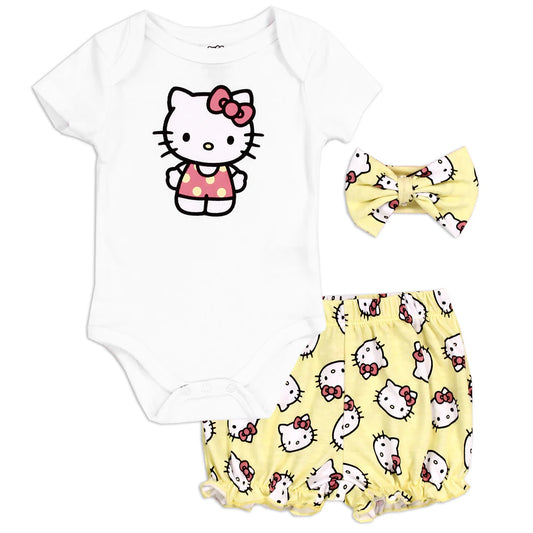 Hello Kitty 3 PC Onesie and Short Set - White and Yellow