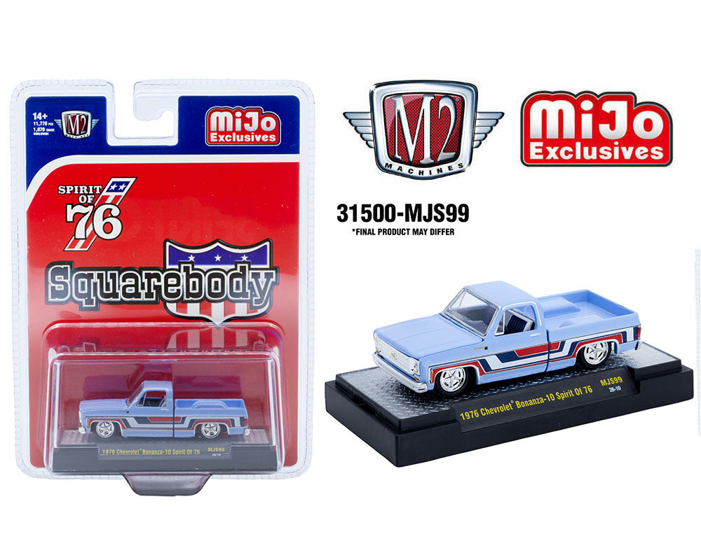 M2 Machines 1:64 1976 Chevrolet Silverado Bonanza-10 SPIRIT OF 76 Squarebody USA Special Edition – Blue – MiJo Exclusives
